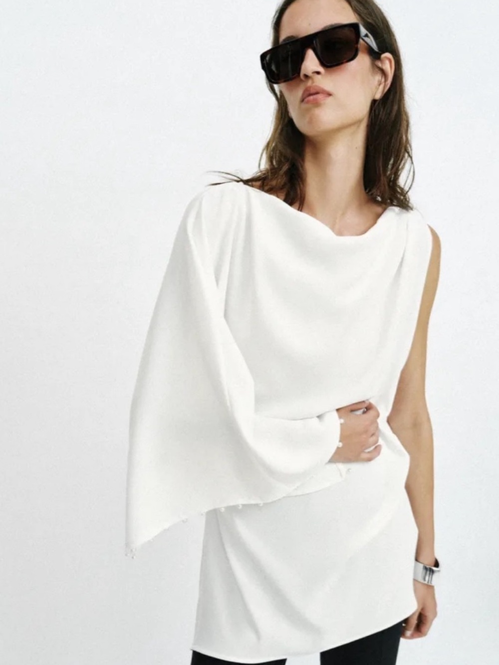 ZARA ASYMMETRIC FAUX PEARL TUNIC BLOUSE